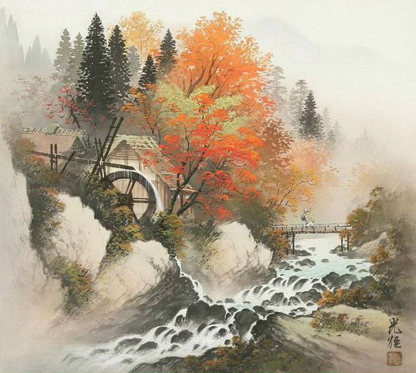 Коукей Коджима (Koukei Kojima) рисует японские пейзажи: речки с форелью, цветущие ирисы, хвойные деревья, сакуру. Коукей придерживается старинного стиля написания картин «сансуй», который придает его работам особый шарм.