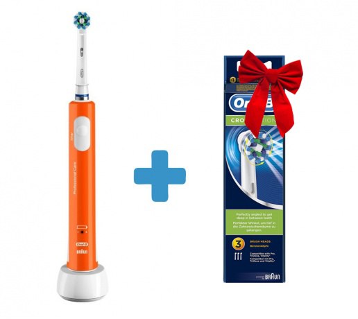 Как решить вопрос со сменными насадками на год Купить электрическую щетку на doctorslon.ru! Ведь при покупке Oral-B Pro 450 CrossAction Orange вы получаете в подарок упаковку из трех насадок CrossAction 