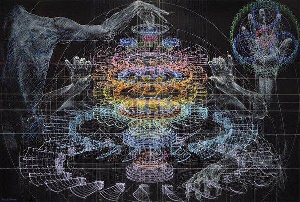 Механические чертежи и человеческие формы в картинах Ацуши Кояма