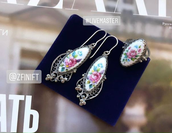 Кольцо и серьги в наличии. Финифть. Ручная работа